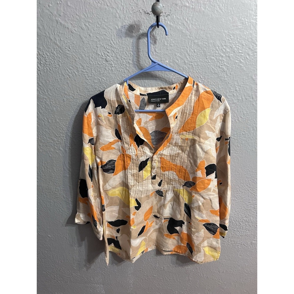 Women's Jones New York Tan Floral  100% Linen Top Size 12 Pullover Shirt